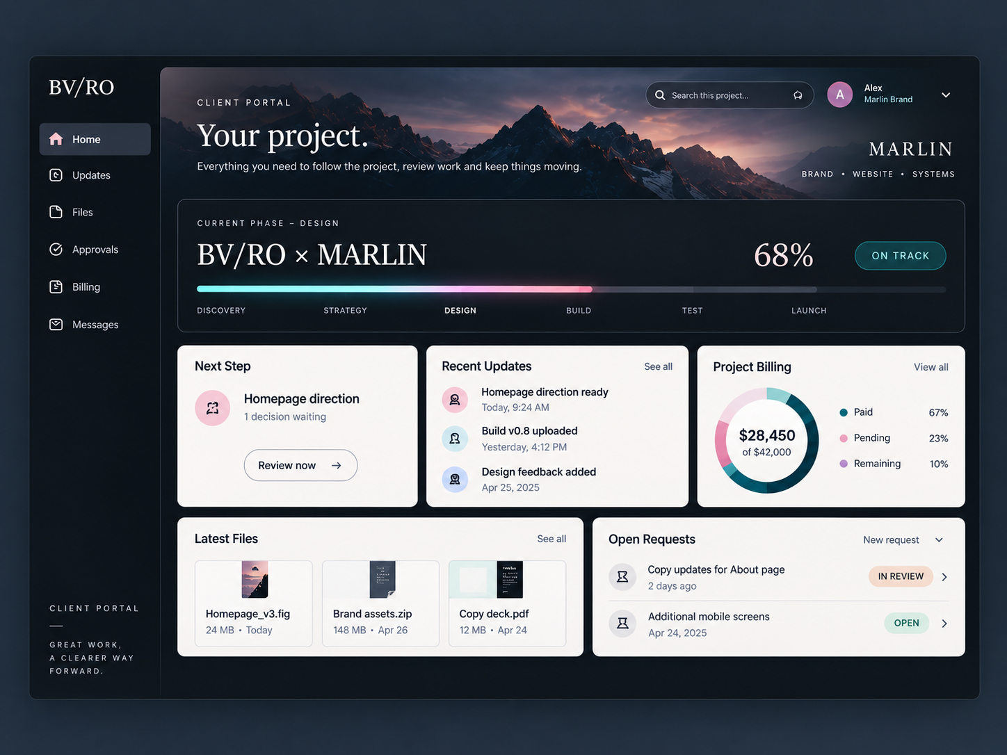 BV/RO client portal project dashboard preview