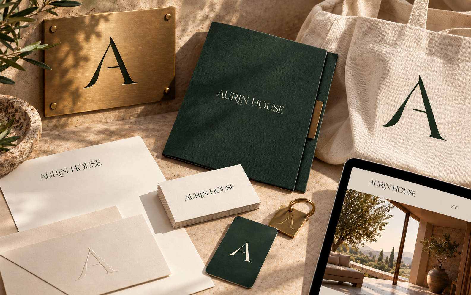 Aurin House identity applied to signage, cards, stationery, a welcome folder, tote and digital experience