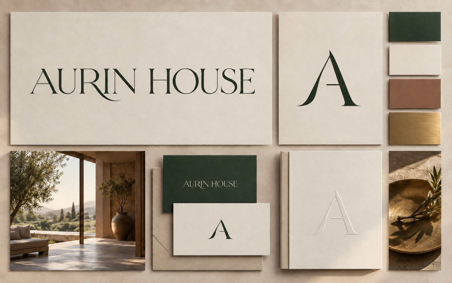 Aurin House identity with a custom wordmark, sculptural A mark, color palette and stationery