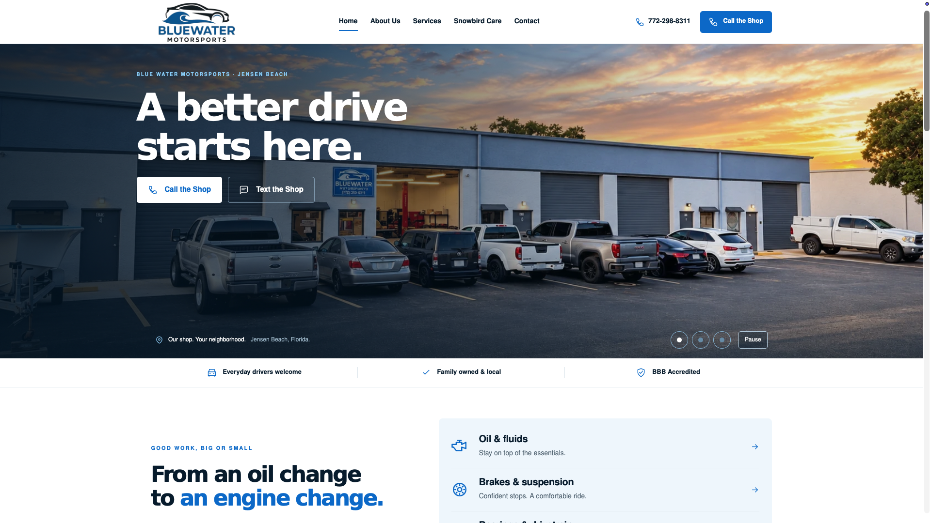 Blue Water Motorsports website showing the original shop logo, Jensen Beach exterior photography, automotive services and call and text actions