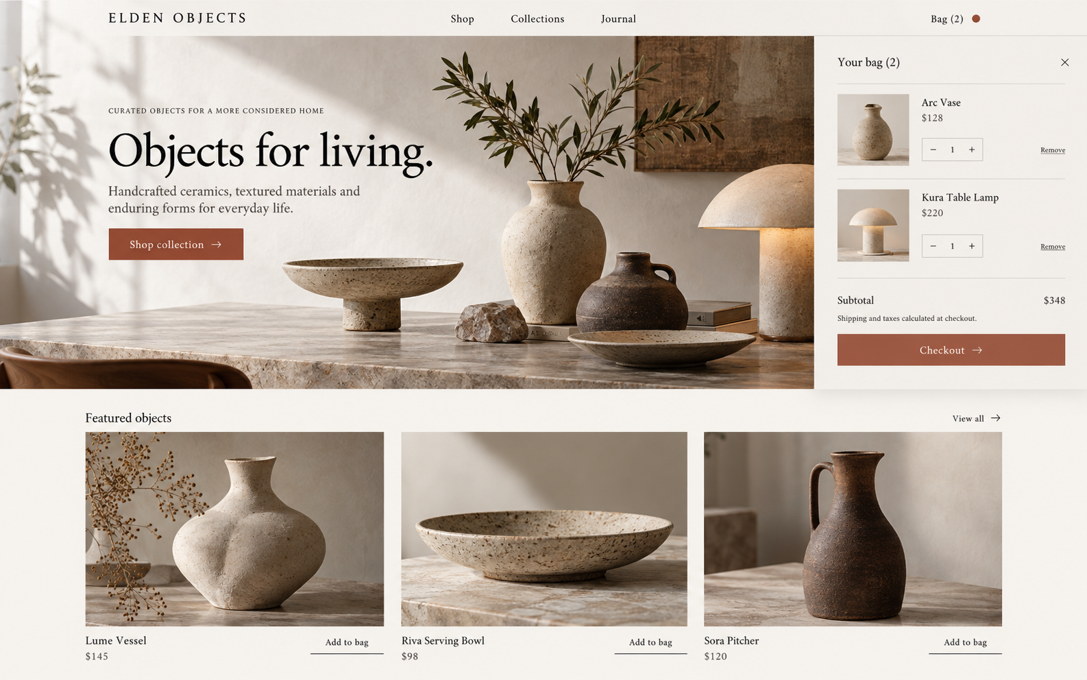 Elden Objects storefront with featured products, shopping bag and checkout action