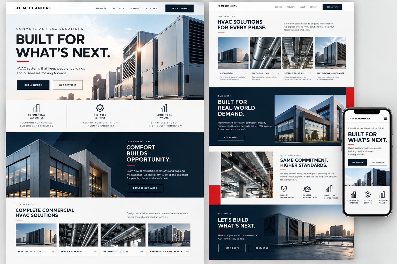 JT Mechanical commercial HVAC website design across desktop and mobile layouts
