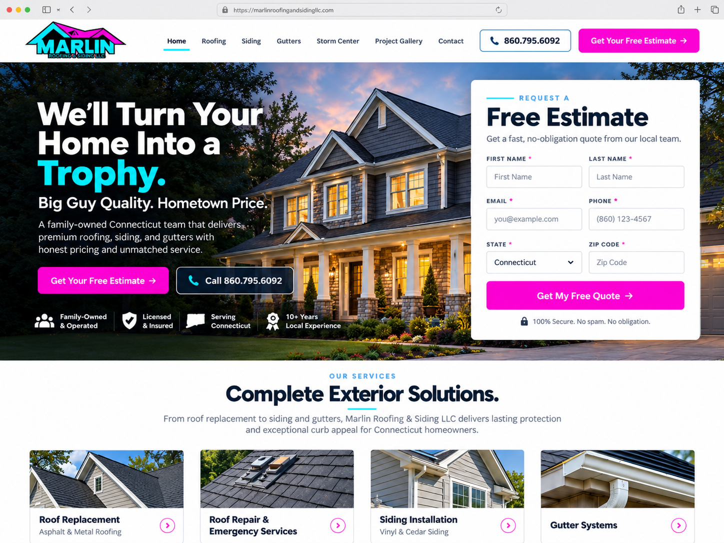 Marlin Roofing website design with a prominent estimate form