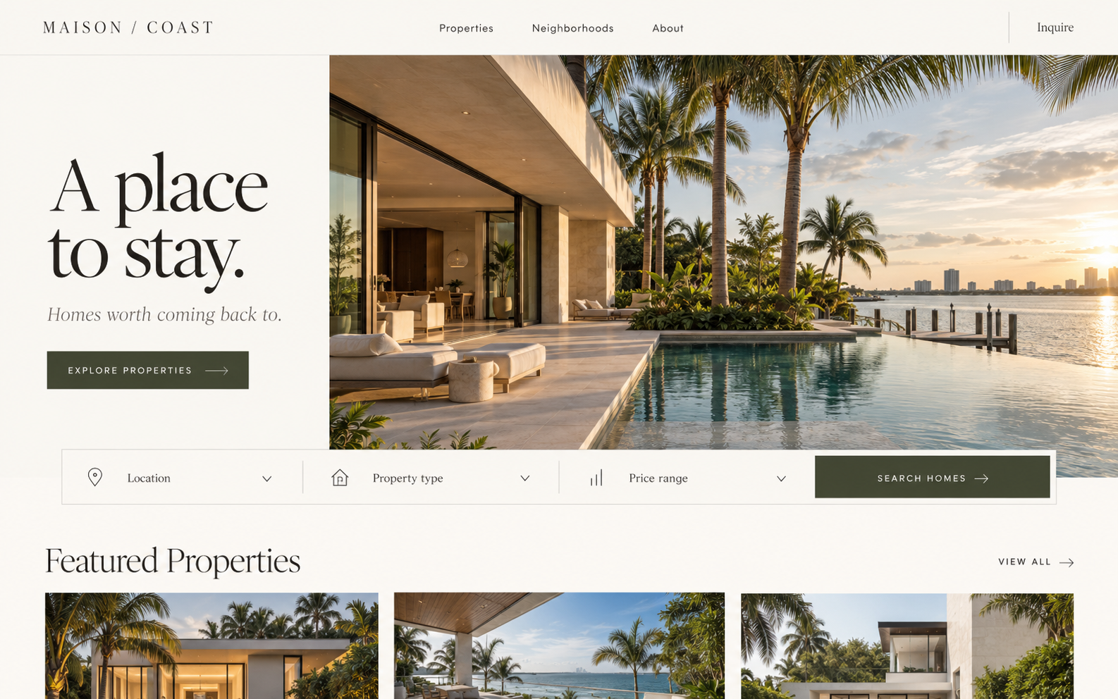 Maison / Coast real estate website design showing a coastal home, property search and featured homes